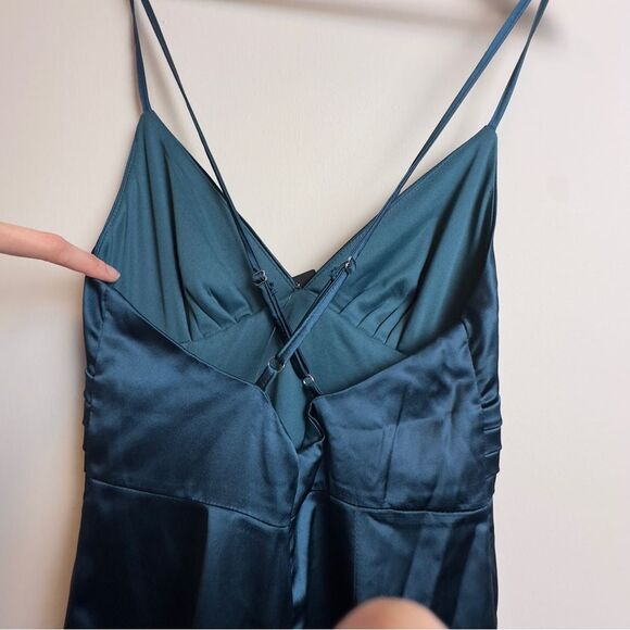 NWT LULUS Divine Entrance Teal Blue Satin Pleated Backless Maxi Dress - Picture 8 of 10